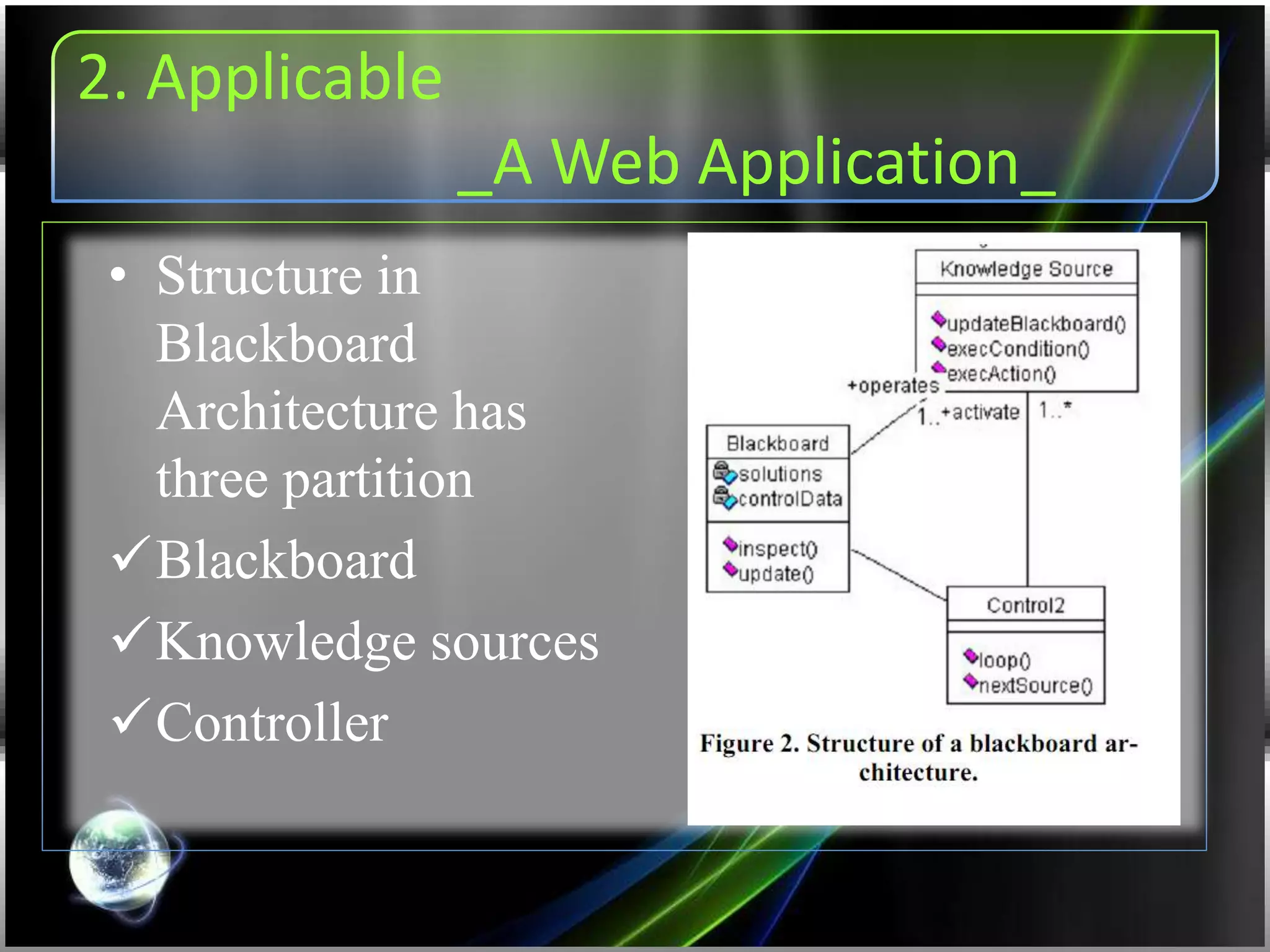 2. Applicable
_A Web Application_
• Structure in
Blackboard
Architecture has
three partition
Blackboard
Knowledge sources
Controller
 