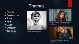 Themes
• Death
• Destruction
• Pain
• Fear
• Gore
• Despair
• Tragedy Psyco- Showing fear.
Friday the 13th- Showing gore
and death.
Scream 4- Showing fear and
despair.
 