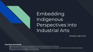 Embedding
Indigenous
Perspectives into
Industrial Arts
Bomaderry High School
Teaching Standards:
- 1.4: Strategies for teaching Aboriginal and Torres Strait Islander Students
- 2.4: Understand and respect Aboriginal and Torres Strait Islander people to promote reconciliation between
Indigenous and nonIndigenous Australians
 