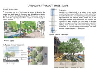 LANDSCAPE TYPOLOGY: STREETSCAPE
What is Streetscape?
• Streetscape is a term “that refers to is used to describe the
natural and built fabric of the street, and defined as the design
quality of the street and its visual effect.” The concept recognizes
that a street is a public place where people are able to engage in
various activities.
1. Typical Avenue Treatment
Avenue types:
Typical Avenue Treatment
Character:
Avenues are characterized by a vibrant urban setting
complete with animated building faces on both sides of the
street, broad sidewalks, and street tree plantings suitable for
high pedestrian and vehicular traffic. Double row of the
street trees planted within continuous soil trenches and
covered with large, walkable tree grates allow for an ideal
urban street experience. Street furniture includes pedestrian
lighting, cycle parking and embedded seating allowing
pedestrians to have an inviting place to linger. The street
becomes a place of activity - a destination.
 