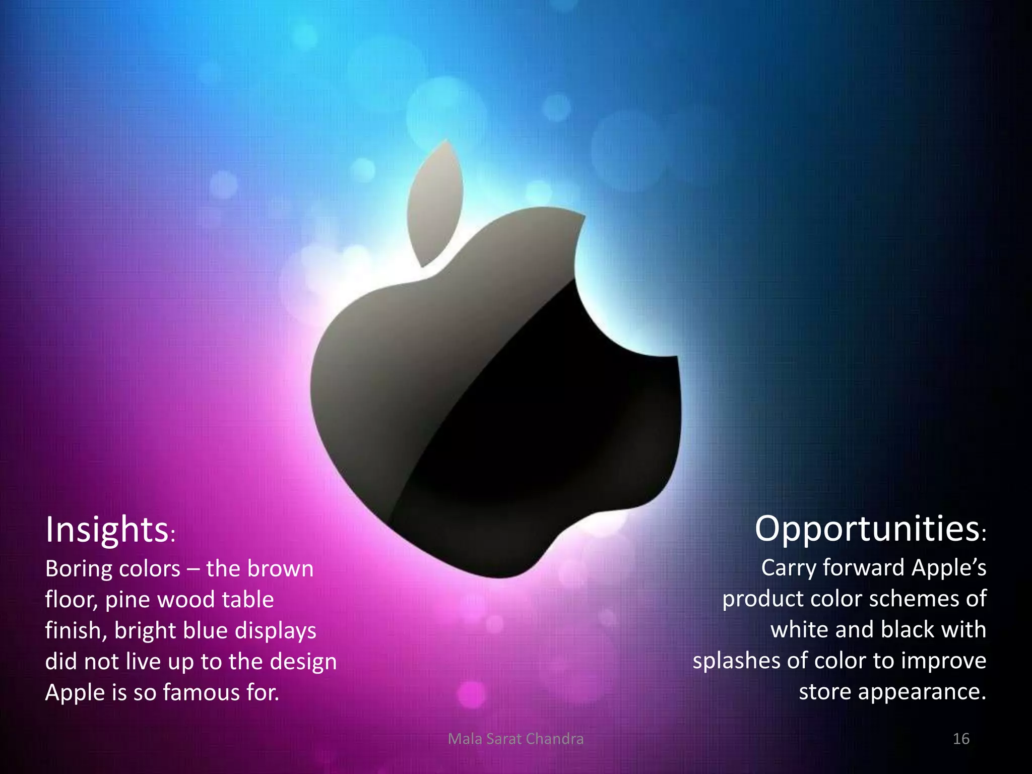 Insights:                                                 Opportunities:
Boring colors – the brown                                  Carry forward Apple’s
floor, pine wood table                                  product color schemes of
finish, bright blue displays                                white and black with
did not live up to the design                        splashes of color to improve
Apple is so famous for.                                        store appearance.
                                Mala Sarat Chandra                           16
 