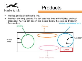 Products
•   Product prices are difficult to find.
•   Products are very easy to find out because they are all folded and well
    organized. As you can see in the picture below the store is divided in
    four sections:                                      Accessories (Wallets, etc.)
              jewelry                   Clothes




                                                                            Exit door
    Entry
    door



                                                                CASH



                                     Shoes and purses
 