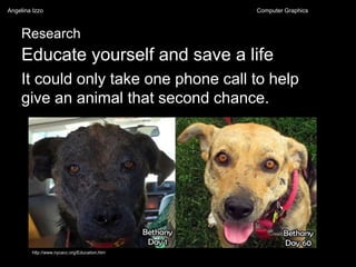 Research
Educate yourself and save a life
It could only take one phone call to help
give an animal that second chance.
http://www.nycacc.org/Education.htm
Angelina Izzo Computer Graphics
 