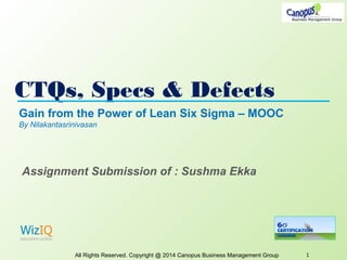 CTQs, Specs & Defects
All Rights Reserved. Copyright @ 2014 Canopus Business Management Group 1
Gain from the Power of Lean Six Sigma – MOOC
By Nilakantasrinivasan
Assignment Submission of : Sushma Ekka
 