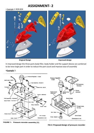 ASSIGNMENT- 2
• Example 2: IRON BOX
Original Design Improved design
In improved design the three parts body filler, body holder and the support device are combined
to be new single part in order to reduce the part count and improve ease of assembly
•Example 3:
FIG 2: Proposed design of pressure recorder
 