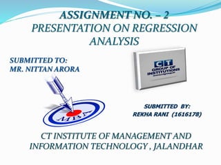ASSIGNMENT NO. – 2
PRESENTATION ON REGRESSION
ANALYSIS
SUBMITTED TO:
MR. NITTAN ARORA
SUBMITTED BY:
REKHA RANI (1616178)
CT INSTITUTE OF MANAGEMENT AND
INFORMATION TECHNOLOGY , JALANDHAR
 