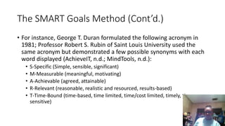 The SMART Goals Method (Cont’d.)
• For instance, George T. Duran formulated the following acronym in
1981; Professor Robert S. Rubin of Saint Louis University used the
same acronym but demonstrated a few possible synonyms with each
word displayed (AchieveIT, n.d.; MindTools, n.d.):
• S-Specific (Simple, sensible, significant)
• M-Measurable (meaningful, motivating)
• A-Achievable (agreed, attainable)
• R-Relevant (reasonable, realistic and resourced, results-based)
• T-Time-Bound (time-based, time limited, time/cost limited, timely, time-
sensitive)
 