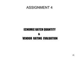 ASSIGNMENT 4
ECNOMIC BATCH QUANTITY
&
VENDOR RATING EVALUATION
25
 