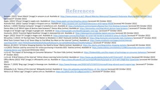 References
Amazon. (2022) ‘Smart Watch’ [image] in amazon.co.uk. Available at: https://www.amazon.co.uk/1-3Round-Watches-Waterproof-Stopwatch-Pedometer-Black/dp/B09J7M5LWV?th=1
[accessed 4th October 2022]
Apple. (2022) ‘iPhone’ [image] in apple.com. Available at: https://www.apple.com/au/shop/buy-iphone [accessed 4th October 2022]
Australia Post. (2022) ‘Laptop’ [image] in Auspost.com.au. Available at: https://auspost.com.au/shop/product/asus-e410-laptop-99208 [accessed 4th October 2022]
Bullock, J. (2020) ‘Desktop Computer’ [image] in turbofuture.com. Available at: https://turbofuture.com/computers/Buying-Your-First-Desktop-Computer [accessed 4th October 2022]
Device Atlas (n.d) ‘Which types of devices have browsers?’ Device Atlas [online]. Available at: https://deviceatlas.com/blog/which-devices-have-browsers [ accessed 4th October 2022]
Google (n.d) ‘Google Logo’ [image] in google.com. Available at: https://www.google.com/doodles/googles-new-logo. [accessed 4th October 2022]
Hootsuite. (2022) ‘Essential Digital Headlines’ [Image] in datareportal.com. Available at: https://datareportal.com/global-digital-overview [accessed 4th October 2022]
Kogan. (2022) ‘Smart TV’ [image] in kogan.com. Available at: https://www.kogan.com/au/buy/kogan-42-smart-full-hd-led-tv-android-tv-series-9-rf9230/ [accessed 4th October 2022]
McLachlan, S (2022) ‘23 YouTube Stats That Matter to Marketers in 2022’ Hootsuite [online]. Available at: https://blog.hootsuite.com/youtube-stats-marketers/ [accessed 4th October 2022]
Mind Tools Content Team (n.d) ‘Seven Ways to Find What You Want on the Internet’ [online]. Available at: https://www.mindtools.com/pages/article/internet-
searching.htm#:~:text=The%20most%20widely%20used%20search,narrow%20the%20search%20for%20you). [accessed 4th October 2022]
Mohsin, M (2021) ’10 Online Shopping Statistics You Need to Know’ Oberlo [online]. Available at: https://au.oberlo.com/blog/online-shopping-statistics [accessed 4th October 2022]
n.d (2022) ‘Devices used by consumers for online purchasing in Australia 2021’ Statista [online]. Available at: https://www.statista.com/statistics/1228652/australia-consumer-online-
shopping-device-use/ [accessed 4thOctober 2022]
n.d (n.d) ‘The Impact of Technology on Consumer Behaviour’ The Keen Folks [online]. Available at: https://thekeenfolks.com/the-impact-of-technology-on-consumer-behaviour/ [accessed
4th October 2022]
n.d (n.d), ‘A Brief History of the Internet’ Online Library Learning Centre [online]. Available at: https://www.usg.edu/galileo/skills/unit07/internet07_02.phtml [accessed 4th October 2022]
Office Works (2022) ‘iPad’ [image] in officeworks.com.au. Available at: https://www.officeworks.com.au/shop/officeworks/p/ipad-air-10-9-wifi-256gb-blue-ipawf256bl [accessed 4th October
2022]
Warren, T. (2020) ‘Bing Logo’ [image] in theverge.com. Available at: https://www.theverge.com/2020/10/5/21502315/microsoft-bing-rebrand-search-engine-logo. [accessed 4th October
2022]
Wikipedia (n.d), ‘History of the Internet’ Wikipedia [online]. Available at: https://en.wikipedia.org/wiki/History_of_the_Internet [accessed 4th October 2022]
Yahoo (n.d) ‘Yahoo Logo’ [image] in yahoo.com.au. Available at: https://au.yahoo.com/?p=us&guccounter=1. [accessed 4th October 2022]
 