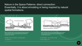 23
Nature in the Space Patterns- direct connection:
Essentially, it is about emulating or being inspired by natural
spatial formations.
NO N - R HYTHMIC SE NSO R Y
ST IMU LI
T HE R MAL & AIR FLO W
V AR IABILIT Y
https://portfolio.cept.ac.in/fa/architectural-design-studio-9-
1016-b-monsoon-2017/humanizing-healing-architecture-
monsoon-2017-ua1513
https://portfolio.cept.ac.in/fa/architectural-design-studio-9-
1016-b-monsoon-2017/humanizing-healing-architecture-
monsoon-2017-ua1513
 