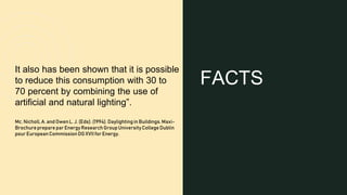 It also has been shown that it is possible
to reduce this consumption with 30 to
70 percent by combining the use of
artificial and natural lighting”.
6
Mc. Nicholl,A. and OwenL. J. (Eds). (1994). Daylightingin Buildings.Maxi-
Brochurepreparepar Energy ResearchGroupUniversityCollege Dublin
pour EuropeanCommission DGXVIIfor Energy.
FACTS
 
