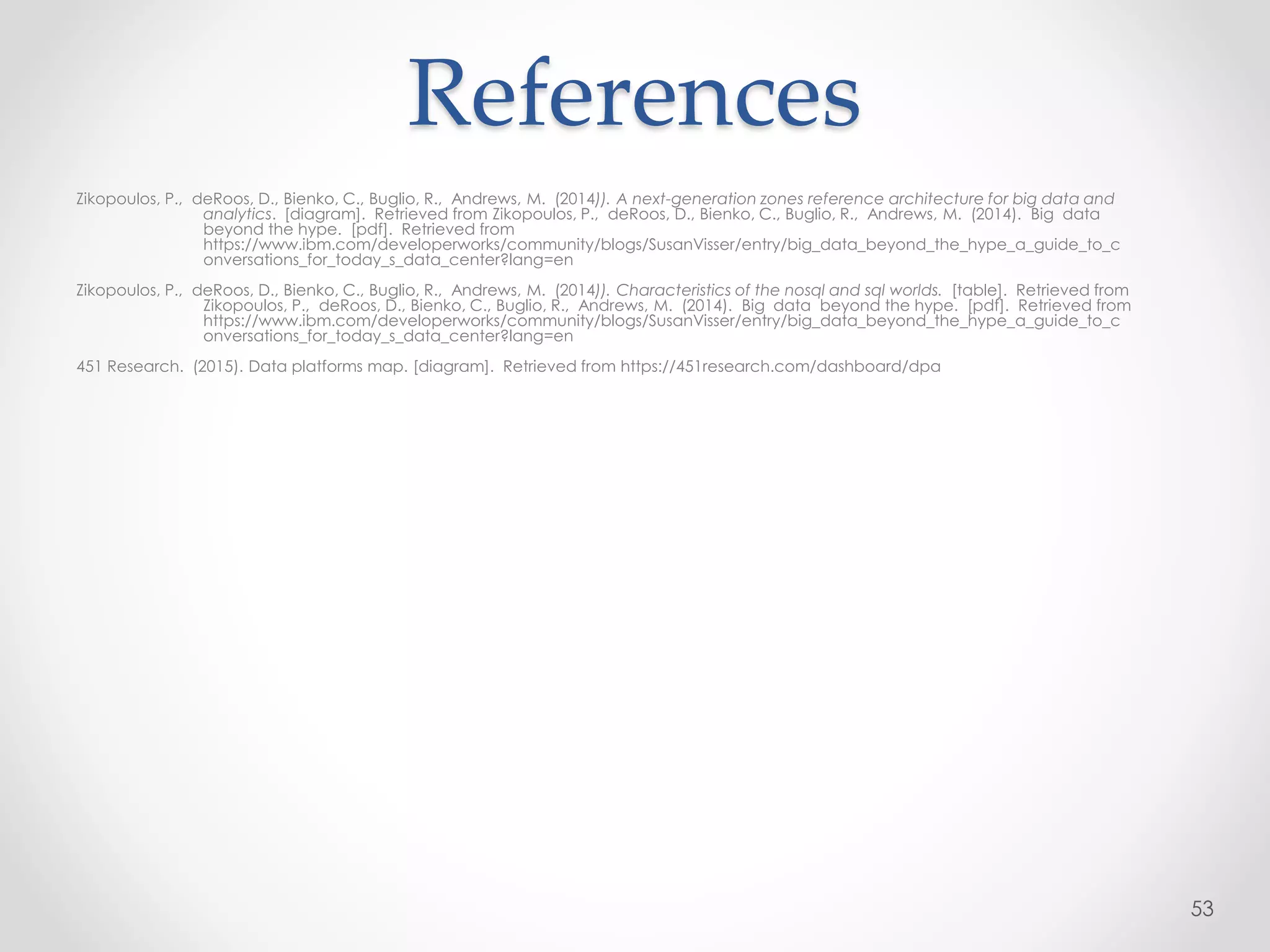 Zikopoulos, P., deRoos, D., Bienko, C., Buglio, R., Andrews, M. (2014)). A next-generation zones reference architecture for big data and
analytics. [diagram]. Retrieved from Zikopoulos, P., deRoos, D., Bienko, C., Buglio, R., Andrews, M. (2014). Big data
beyond the hype. [pdf]. Retrieved from
https://www.ibm.com/developerworks/community/blogs/SusanVisser/entry/big_data_beyond_the_hype_a_guide_to_c
onversations_for_today_s_data_center?lang=en
Zikopoulos, P., deRoos, D., Bienko, C., Buglio, R., Andrews, M. (2014)). Characteristics of the nosql and sql worlds. [table]. Retrieved from
Zikopoulos, P., deRoos, D., Bienko, C., Buglio, R., Andrews, M. (2014). Big data beyond the hype. [pdf]. Retrieved from
https://www.ibm.com/developerworks/community/blogs/SusanVisser/entry/big_data_beyond_the_hype_a_guide_to_c
onversations_for_today_s_data_center?lang=en
451 Research. (2015). Data platforms map. [diagram]. Retrieved from https://451research.com/dashboard/dpa
53
References
 