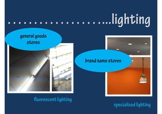 ………………...lighting
 general goods
    stores


                              brand name stores




       fluorescent lighting
                                           specialized lighting
 