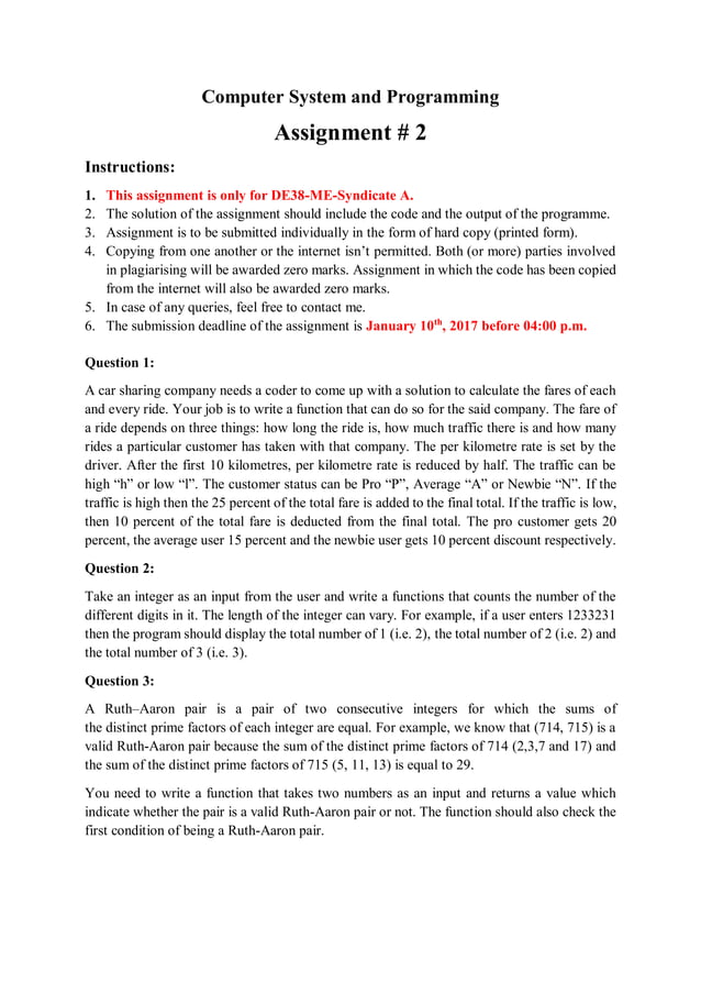 Assignment # 2 computer system and Programming EC-105 | PDF