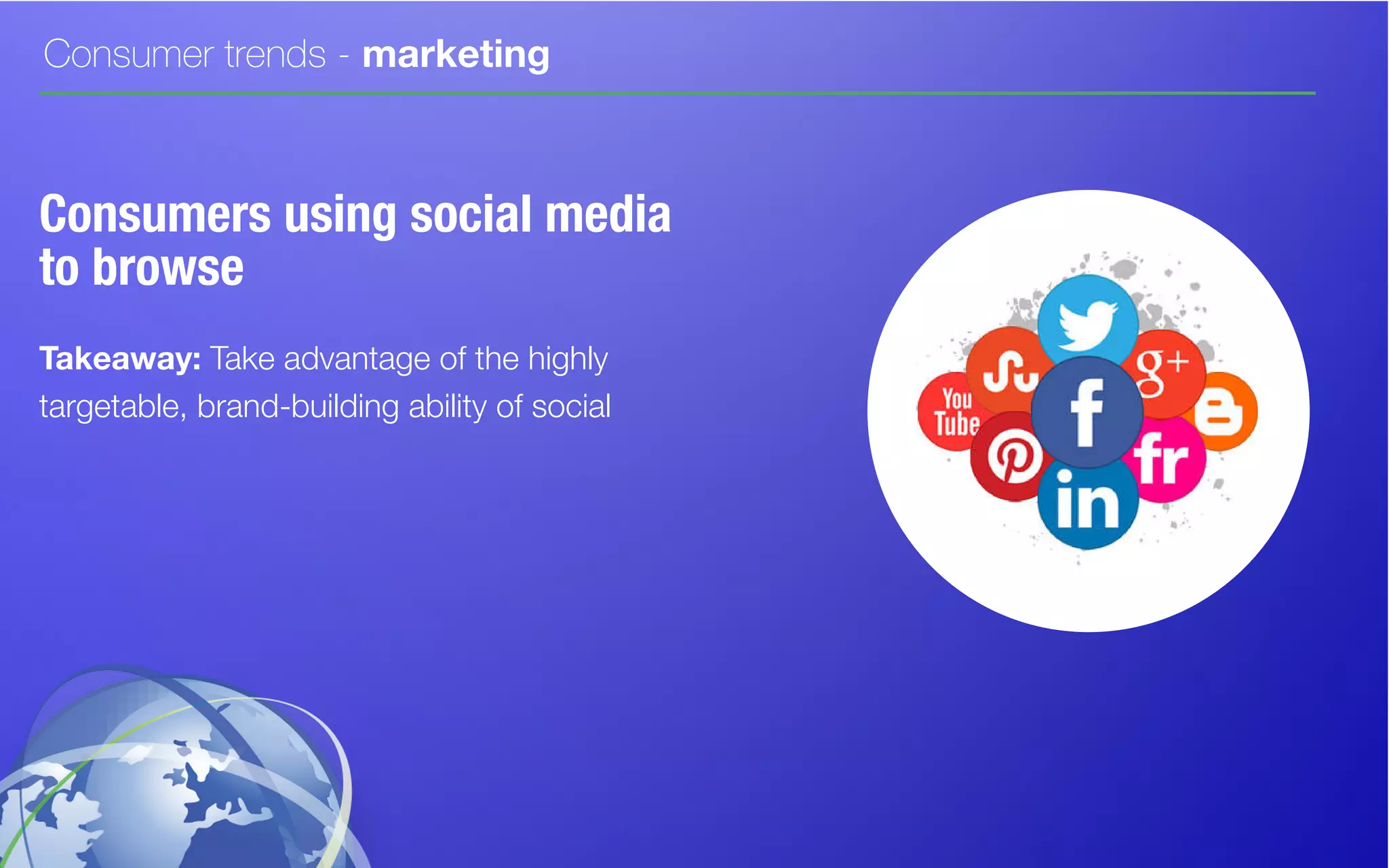 Consumer trends - marketing
Consumers using social media
to browse
Takeaway: Take advantage of the highly
targetable, brand-building ability of social
 