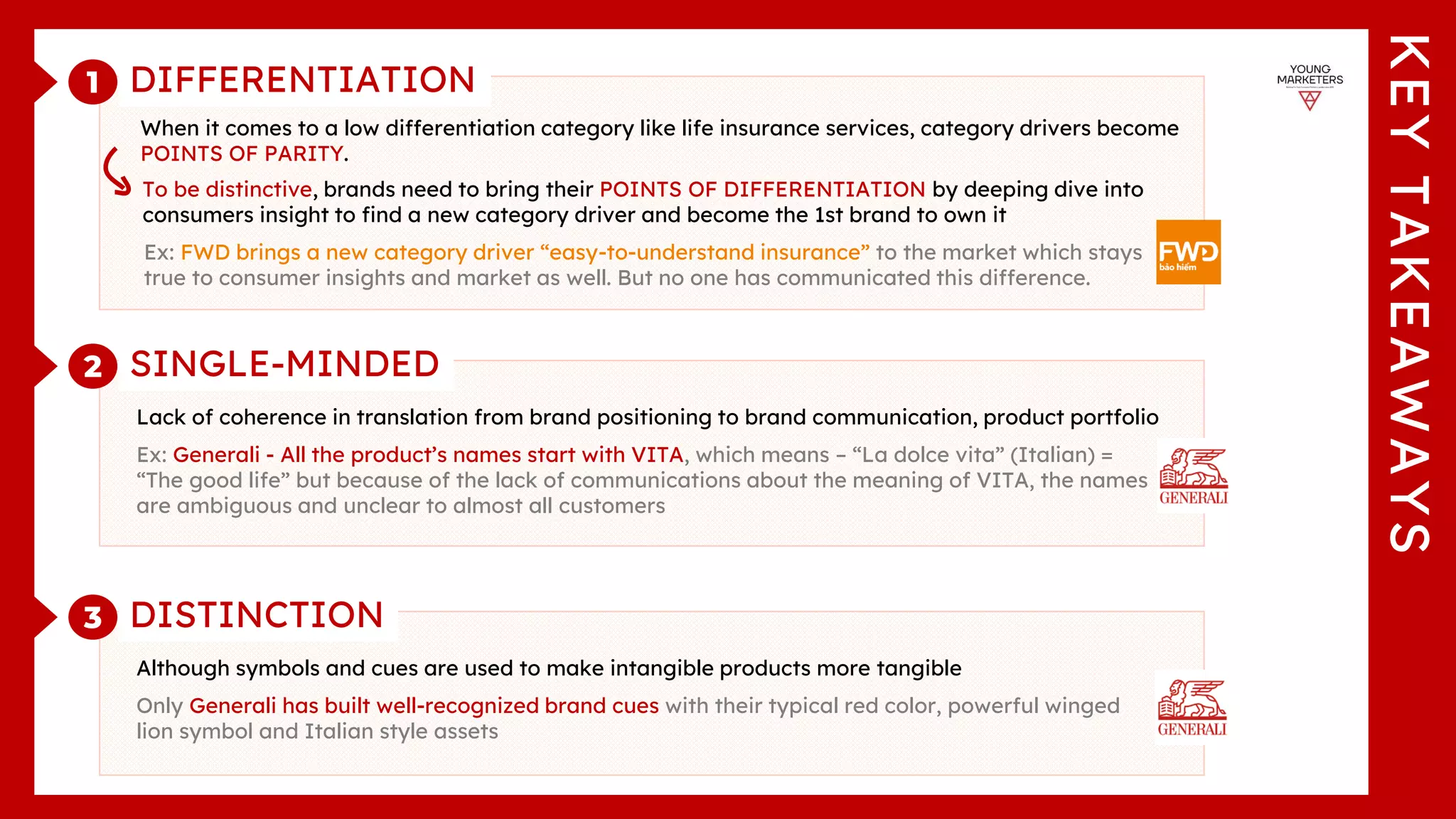 KEY
TAKEAWAYS
1 DIFFERENTIATION
When it comes to a low differentiation category like life insurance services, category drivers become
POINTS OF PARITY.
To be distinctive, brands need to bring their POINTS OF DIFFERENTIATION by deeping dive into
consumers insight to find a new category driver and become the 1st brand to own it
Ex: FWD brings a new category driver “easy-to-understand insurance” to the market which stays
true to consumer insights and market as well. But no one has communicated this difference.
2 SINGLE-MINDED
Lack of coherence in translation from brand positioning to brand communication, product portfolio
Ex: Generali - All the product’s names start with VITA, which means – “La dolce vita” (Italian) =
“The good life” but because of the lack of communications about the meaning of VITA, the names
are ambiguous and unclear to almost all customers
3 DISTINCTION
Although symbols and cues are used to make intangible products more tangible
Only Generali has built well-recognized brand cues with their typical red color, powerful winged
lion symbol and Italian style assets
 