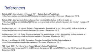 References
Statista. 2021. Internet users in the world 2021 | Statista. [online] Available at:
<https://www.statista.com/statistics/617136/digital-population-worldwide/> [Accessed 4 September 2021].
Statista. 2021. User-generated internet content per minute 2020 | Statista. [online] Available at:
<https://www.statista.com/statistics/195140/new-user-generated-content-uploaded-by-users-per-minute/> [Accessed 4
September 2021].
Au.oberlo.com. 2021. 10 Internet Statistics Every Marketer Should Know in 2021 [Infographic]. [online] Available at:
<https://au.oberlo.com/blog/internet-statistics> [Accessed 4 September 2021].
Au.oberlo.com. 2021. 10 Online Shopping Statistics You Need to Know in 2021 [Infographic]. [online] Available at:
<https://au.oberlo.com/blog/online-shopping-statistics> [Accessed 4 September 2021].
Ritchie, H. and Roser, M., 2021. Technology Adoption. [online] Our World in Data. Available at:
<https://ourworldindata.org/technology-adoption> [Accessed 4 September 2021].
ABC News. 2021. The internet over the past 20 years. [online] Available at:
<https://www.abc.net.au/news/2014-05-25/internet-changes-over-20-years/5470442?nw=0&r=HtmlFragment> [Accessed 4
September 2021].
 