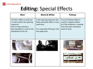 Editing: Special Effects
Blurr

Black & White

Fisheye

The blurr effect is used one
or twice within the opening
sequence.
Here in these photos a
blurring effect is used on the
dashboard of the car.

In the opening sequence the
black and white effect is only
used once.

A sort of fisheye effect is
used for a glasses effect.
As if the audience is viewing
from the main characters
point of view.

It is used when filming in this
low angle shot.

 