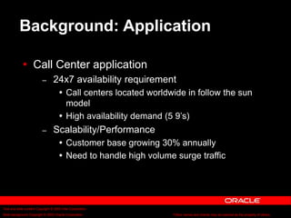 Text and slide content Copyright © 2003 Intel Corporation.
Slide background Copyright © 2003 Oracle Corporation.. *Other names and brands may be claimed as the property of others.
Background: Application
 Call Center application
– 24x7 availability requirement
 Call centers located worldwide in follow the sun
model
 High availability demand (5 9’s)
– Scalability/Performance
 Customer base growing 30% annually
 Need to handle high volume surge traffic
 