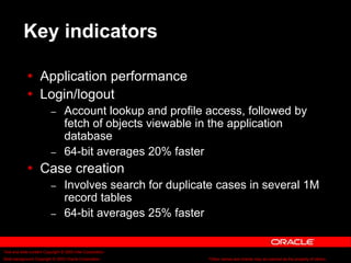 Text and slide content Copyright © 2003 Intel Corporation.
Slide background Copyright © 2003 Oracle Corporation.. *Other names and brands may be claimed as the property of others.
Key indicators
 Application performance
 Login/logout
– Account lookup and profile access, followed by
fetch of objects viewable in the application
database
– 64-bit averages 20% faster
 Case creation
– Involves search for duplicate cases in several 1M
record tables
– 64-bit averages 25% faster
 