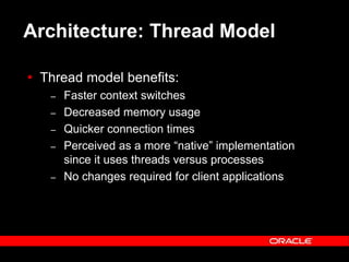 Text and slide content Copyright © 2003 Intel Corporation.
Slide background Copyright © 2003 Oracle Corporation.. *Other names and brands may be claimed as the property of others.
Architecture: Thread Model
 Thread model benefits:
– Faster context switches
– Decreased memory usage
– Quicker connection times
– Perceived as a more “native” implementation
since it uses threads versus processes
– No changes required for client applications
 