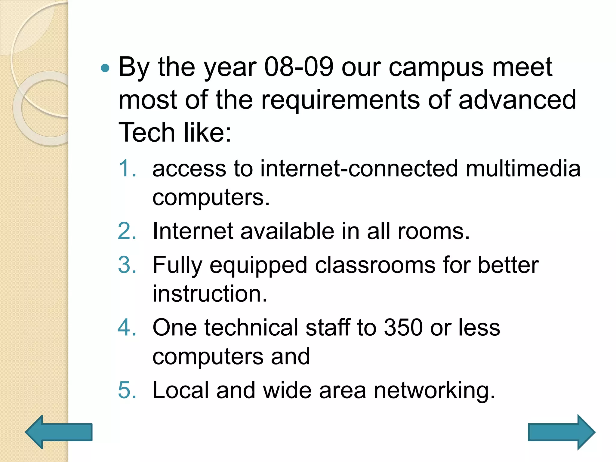  By the year 08-09 our campus meet
most of the requirements of advanced
Tech like:
1. access to internet-connected multimedia
computers.
2. Internet available in all rooms.
3. Fully equipped classrooms for better
instruction.
4. One technical staff to 350 or less
computers and
5. Local and wide area networking.
 