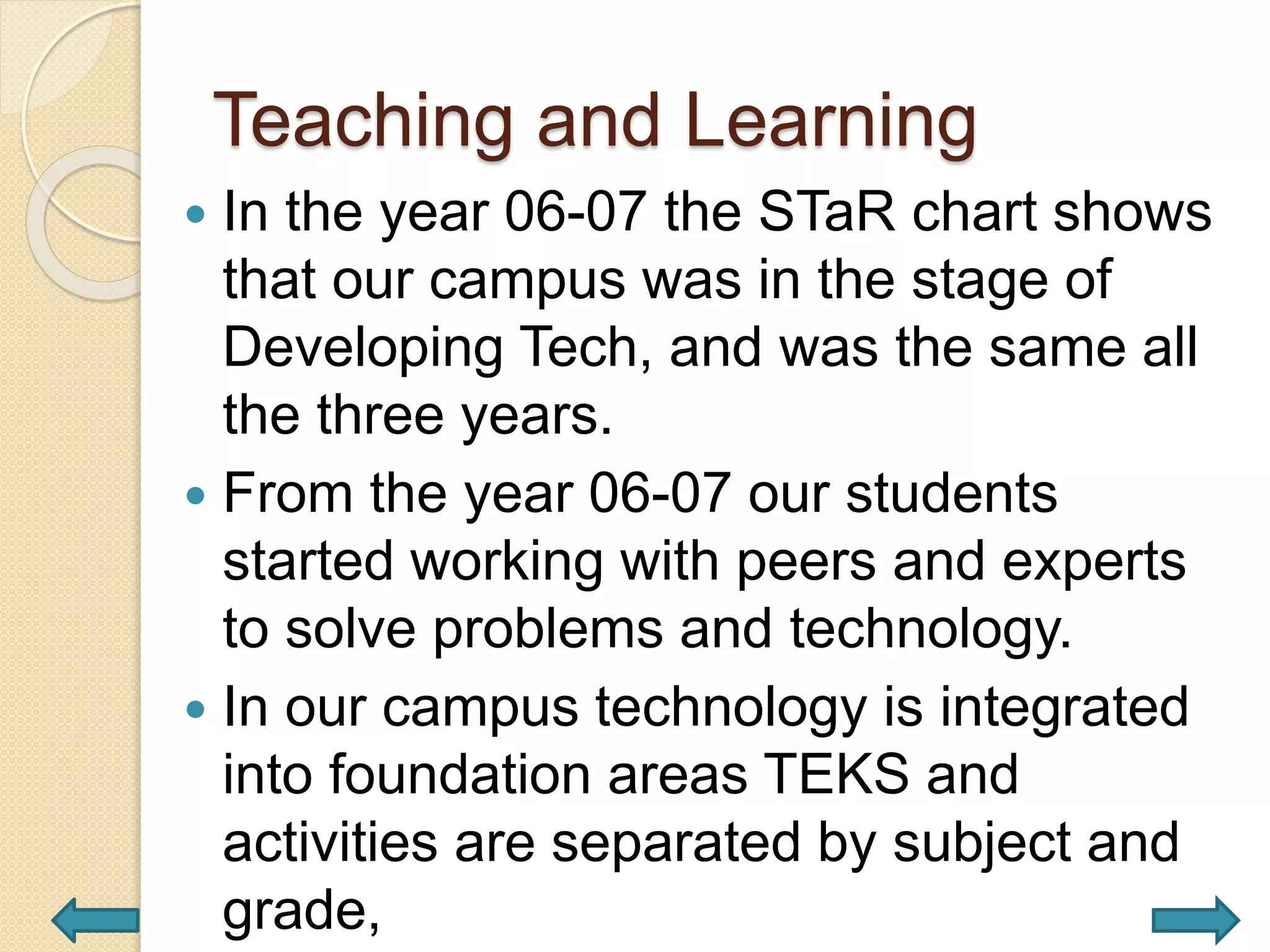 Teaching and Learning
 In the year 06-07 the STaR chart shows
that our campus was in the stage of
Developing Tech, and was the same all
the three years.
 From the year 06-07 our students
started working with peers and experts
to solve problems and technology.
 In our campus technology is integrated
into foundation areas TEKS and
activities are separated by subject and
grade,
 