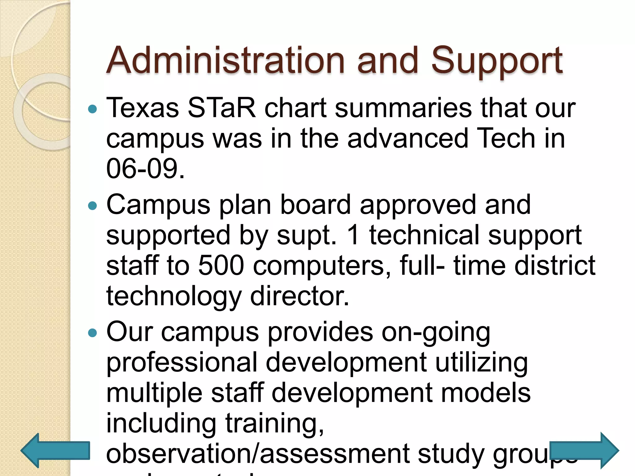 Administration and Support
 Texas STaR chart summaries that our
campus was in the advanced Tech in
06-09.
 Campus plan board approved and
supported by supt. 1 technical support
staff to 500 computers, full- time district
technology director.
 Our campus provides on-going
professional development utilizing
multiple staff development models
including training,
observation/assessment study groups
 
