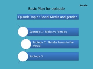 Basic Plan for episode
Episode Topic : Social Media and gender

Subtopic 1 : Males vs Females
Subtopic 2 : Gender Issues in the
Media
Subtopic 3 :

Rosalin

 
