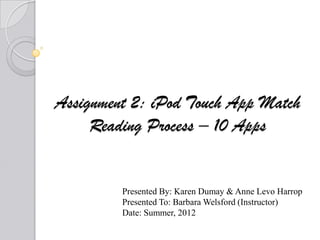 Assignment 2: iPod Touch App Match
     Reading Process – 10 Apps


         Presented By: Karen Dumay & Anne Levo Harrop
         Presented To: Barbara Welsford (Instructor)
         Date: Summer, 2012
 