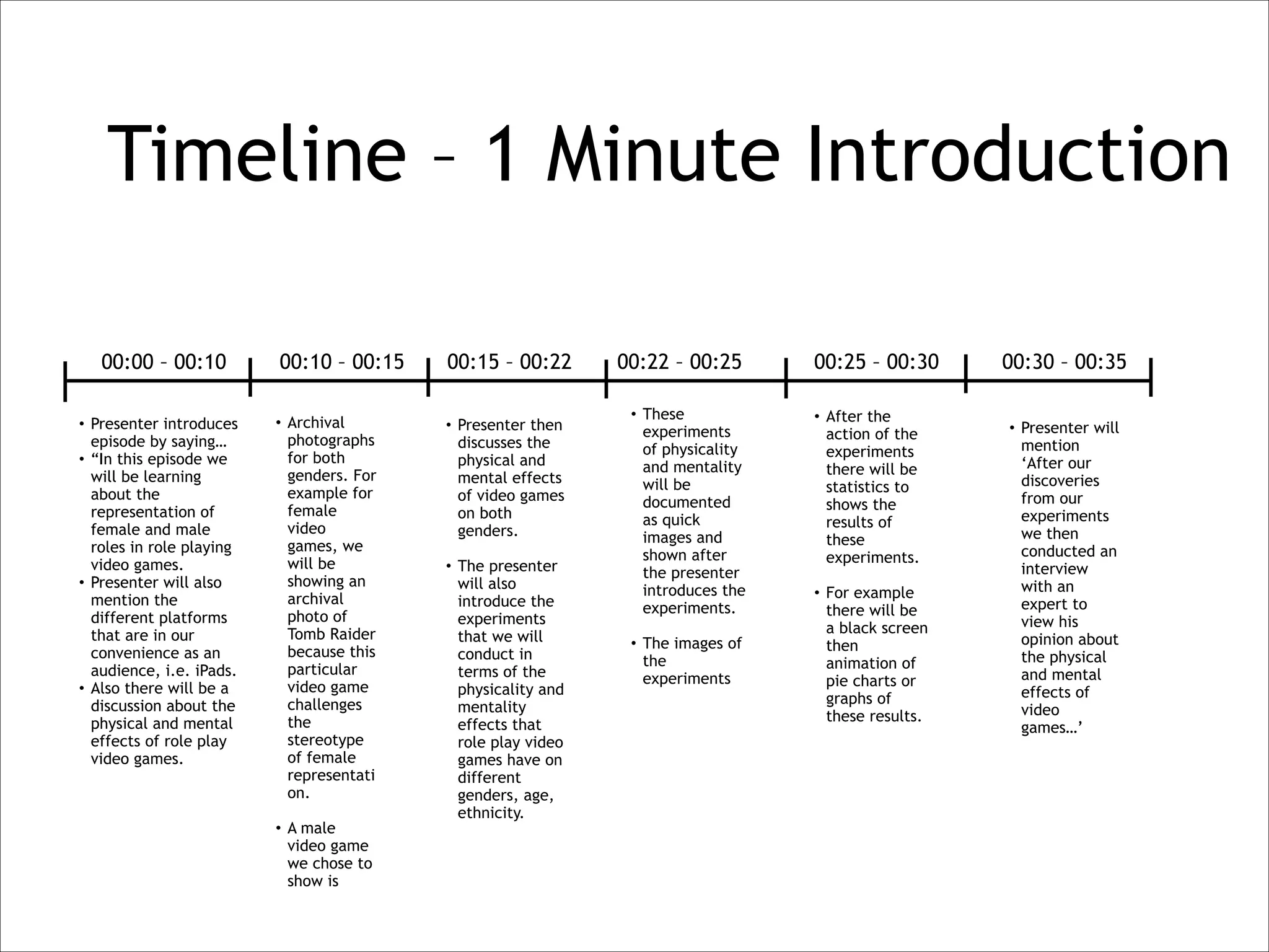 Timeline – 1 Minute Introduction
00:00 – 00:10
• Presenter introduces
episode by saying…
• “In this episode we
will be learning
about the
representation of
female and male
roles in role playing
video games.
• Presenter will also
mention the
different platforms
that are in our
convenience as an
audience, i.e. iPads.
• Also there will be a
discussion about the
physical and mental
effects of role play
video games.

00:10 – 00:15

00:15 – 00:22

• Archival
photographs
for both
genders. For
example for
female
video
games, we
will be
showing an
archival
photo of
Tomb Raider
because this
particular
video game
challenges
the
stereotype
of female
representati
on.

• Presenter then
discusses the
physical and
mental effects
of video games
on both
genders.

!

• A male
video game
we chose to
show is

!

• The presenter
will also
introduce the
experiments
that we will
conduct in
terms of the
physicality and
mentality
effects that
role play video
games have on
different
genders, age,
ethnicity.

00:22 – 00:25
• These
experiments
of physicality
and mentality
will be
documented
as quick
images and
shown after
the presenter
introduces the
experiments.

!

• The images of
the
experiments

00:25 – 00:30
• After the
action of the
experiments
there will be
statistics to
shows the
results of
these
experiments.
• For example
there will be
a black screen
then
animation of
pie charts or
graphs of
these results.

00:30 – 00:35
• Presenter will
mention
‘After our
discoveries
from our
experiments
we then
conducted an
interview
with an
expert to
view his
opinion about
the physical
and mental
effects of
video
games…’

 