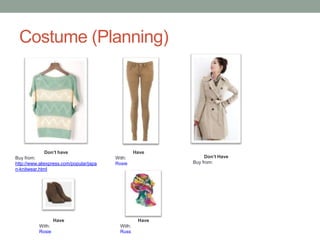 Costume (Planning)

Don’t have
Buy from:
http://www.aliexpress.com/popular/japa
n-knitwear.html

Have
With:
Rosie

Have
With:
Rosie

Have

With:
Russ

Don’t Have
Buy from:

 