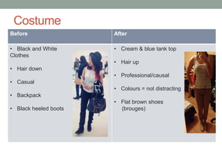 Costume
Before

After

• Black and White
Clothes

• Cream & blue tank top
• Hair up

• Hair down
• Professional/causal
• Casual

• Colours = not distracting
• Backpack
• Black heeled boots

• Flat brown shoes
(brouges)

 