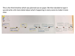 This is the third timeline which was planned out on paper. We then decided to type it
up and write a bit more detail about what’s happening in every scene to make it more
clear.
 