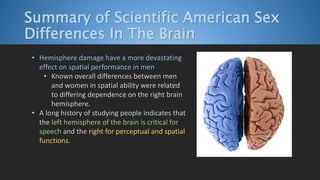 Summary of Scientific American Sex
Differences In The Brain
• Hemisphere damage have a more devastating
effect on spatial performance in men
• Known overall differences between men
and women in spatial ability were related
to differing dependence on the right brain
hemisphere.
• A long history of studying people indicates that
the left hemisphere of the brain is critical for
speech and the right for perceptual and spatial
functions.
 