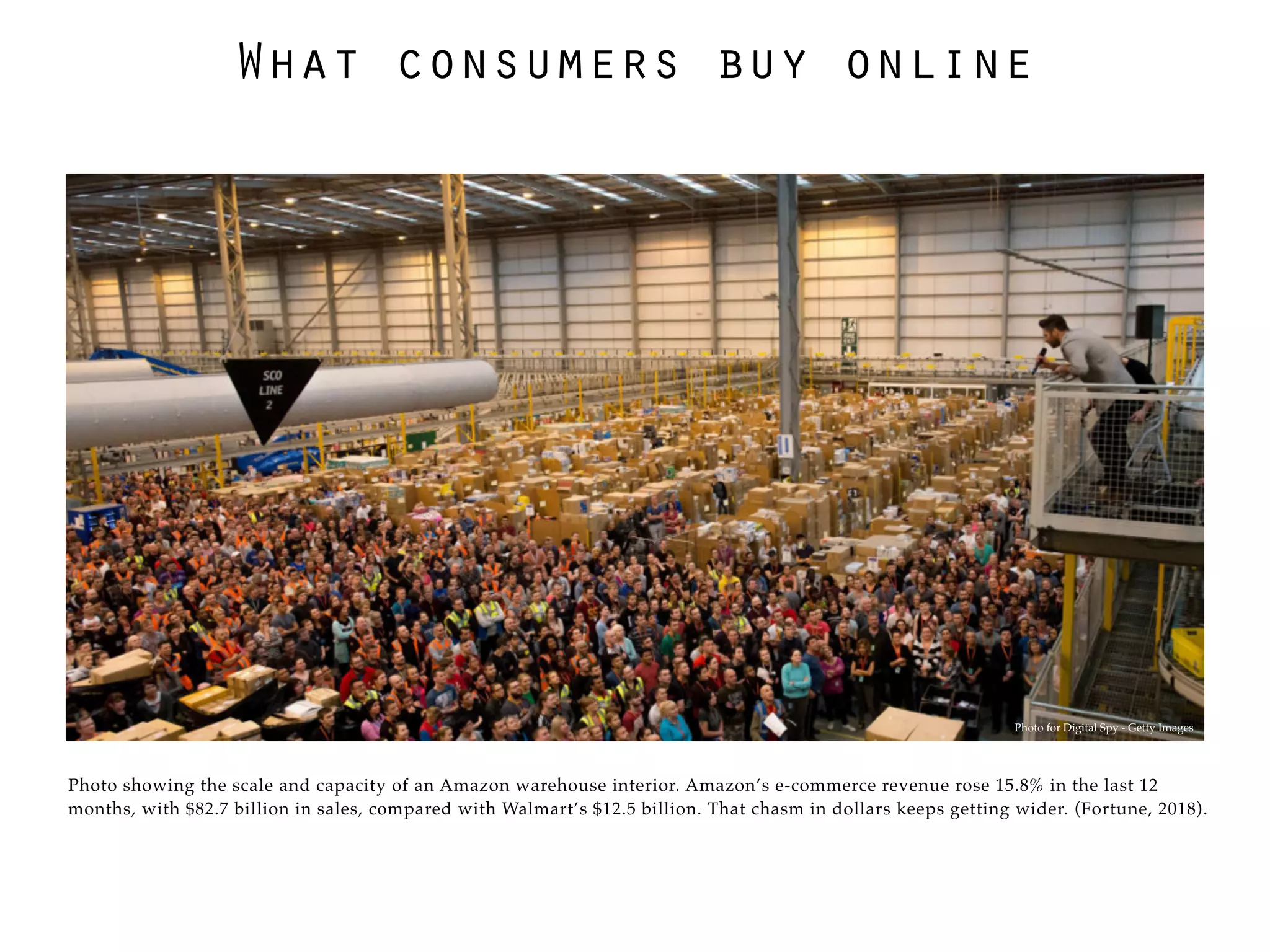 What consumers buy online
Photo showing the scale and capacity of an Amazon warehouse interior. Amazon’s e-commerce revenue rose 15.8% in the last 12
months, with $82.7 billion in sales, compared with Walmart’s $12.5 billion. That chasm in dollars keeps getting wider. (Fortune, 2018).
Photo for Digital Spy - Getty Images
 