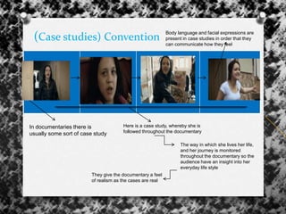 (Case studies) Convention
In documentaries there is
usually some sort of case study
Here is a case study, whereby she is
followed throughout the documentary
The way in which she lives her life,
and her journey is monitored
throughout the documentary so the
audience have an insight into her
everyday life style
Body language and facial expressions are
present in case studies in order that they
can communicate how they feel
They give the documentary a feel
of realism as the cases are real
 