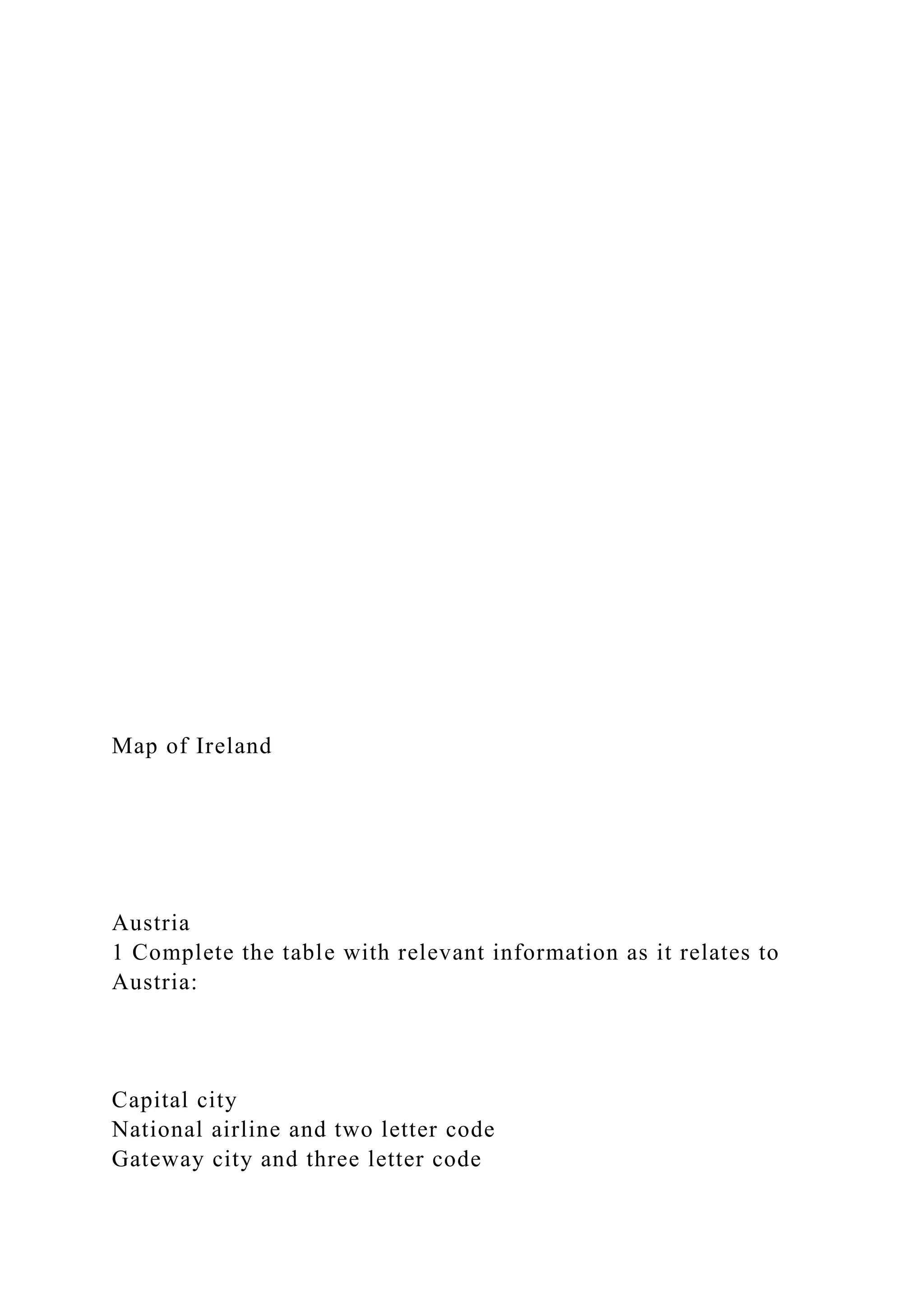 Map of Ireland
Austria
1 Complete the table with relevant information as it relates to
Austria:
Capital city
National airline and two letter code
Gateway city and three letter code
 