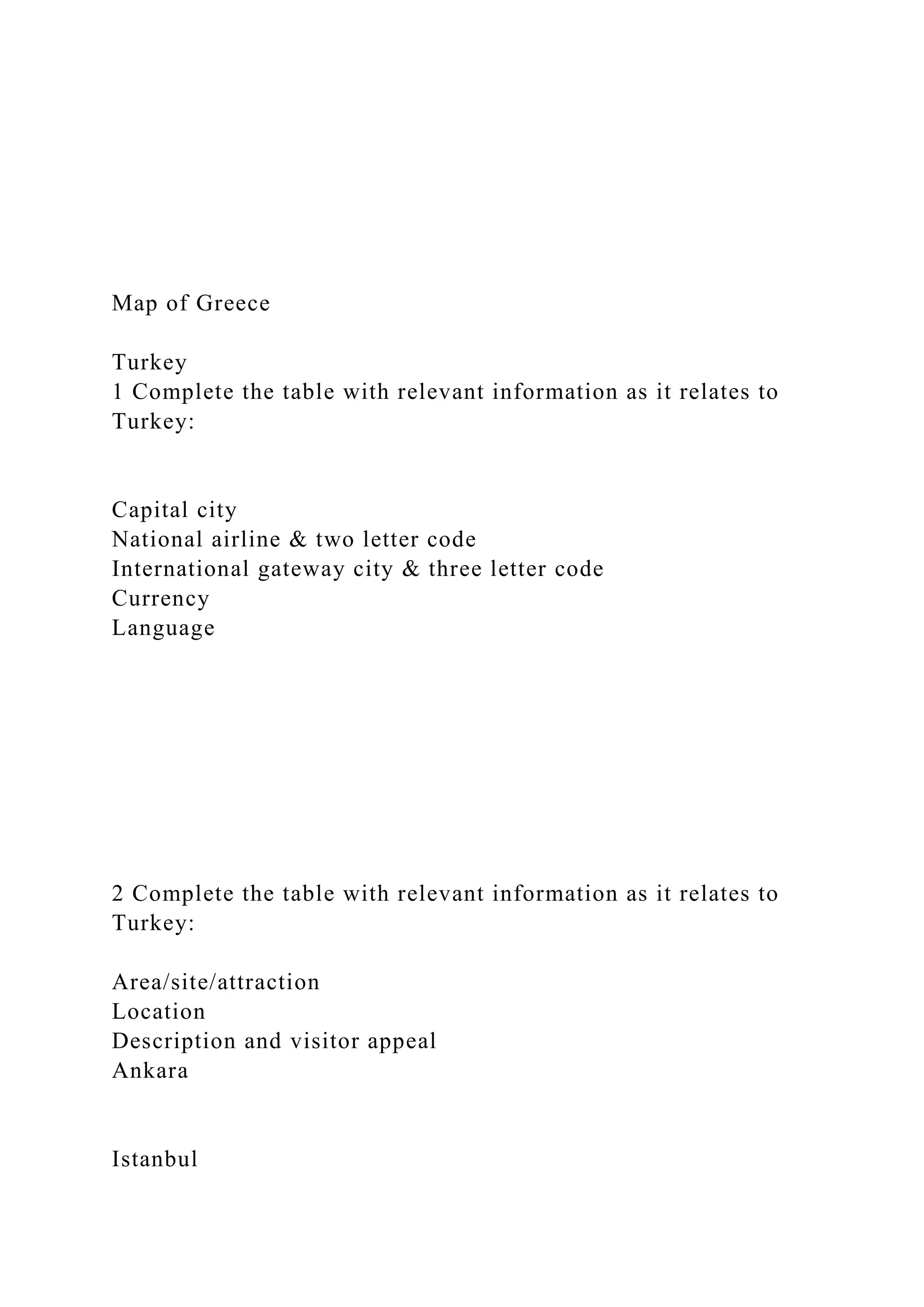 Map of Greece
Turkey
1 Complete the table with relevant information as it relates to
Turkey:
Capital city
National airline & two letter code
International gateway city & three letter code
Currency
Language
2 Complete the table with relevant information as it relates to
Turkey:
Area/site/attraction
Location
Description and visitor appeal
Ankara
Istanbul
 