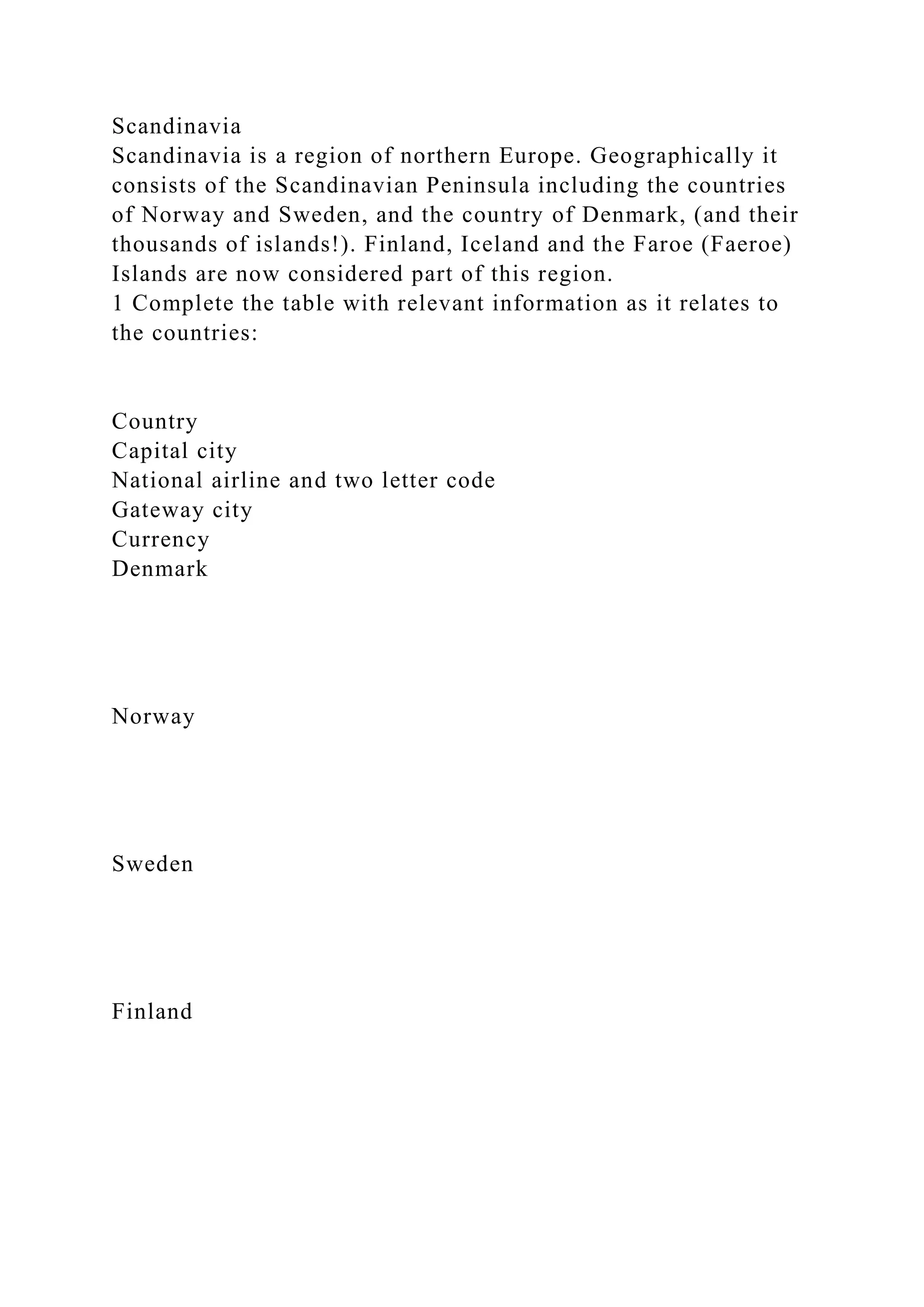 Scandinavia
Scandinavia is a region of northern Europe. Geographically it
consists of the Scandinavian Peninsula including the countries
of Norway and Sweden, and the country of Denmark, (and their
thousands of islands!). Finland, Iceland and the Faroe (Faeroe)
Islands are now considered part of this region.
1 Complete the table with relevant information as it relates to
the countries:
Country
Capital city
National airline and two letter code
Gateway city
Currency
Denmark
Norway
Sweden
Finland
 