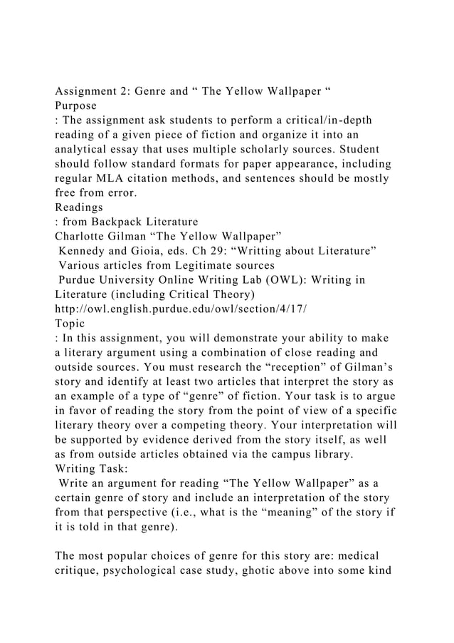 Assignment 2 Genre and The Yellow Wallpaper Purpose The .docx