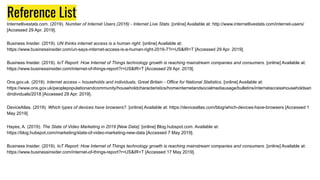 Reference List
Internetlivestats.com. (2019). Number of Internet Users (2016) - Internet Live Stats. [online] Available at: http://www.internetlivestats.com/internet-users/
[Accessed 29 Apr. 2019].
Business Insider. (2019). UN thinks internet access is a human right. [online] Available at:
https://www.businessinsider.com/un-says-internet-access-is-a-human-right-2016-7?r=US&IR=T [Accessed 29 Apr. 2019].
Business Insider. (2019). IoT Report: How Internet of Things technology growth is reaching mainstream companies and consumers. [online] Available at:
https://www.businessinsider.com/internet-of-things-report?r=US&IR=T [Accessed 29 Apr. 2019].
Ons.gov.uk. (2019). Internet access – households and individuals, Great Britain - Office for National Statistics. [online] Available at:
https://www.ons.gov.uk/peoplepopulationandcommunity/householdcharacteristics/homeinternetandsocialmediausage/bulletins/internetaccesshouseholdsan
dindividuals/2018 [Accessed 29 Apr. 2019].
DeviceAtlas. (2019). Which types of devices have browsers?. [online] Available at: https://deviceatlas.com/blog/which-devices-have-browsers [Accessed 1
May 2019].
Hayes, A. (2019). The State of Video Marketing in 2019 [New Data]. [online] Blog.hubspot.com. Available at:
https://blog.hubspot.com/marketing/state-of-video-marketing-new-data [Accessed 7 May 2019].
Business Insider. (2019). IoT Report: How Internet of Things technology growth is reaching mainstream companies and consumers. [online] Available at:
https://www.businessinsider.com/internet-of-things-report?r=US&IR=T [Accessed 17 May 2019].
 