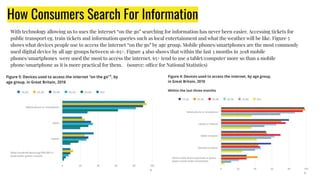 How Consumers Search For Information
With technology allowing us to uses the internet “on the go” searching for information has never been easier. Accessing tickets for
public transport eg. train tickets and information queries such as local entertainment and what the weather will be like. Figure 5
shows what devices people use to access the internet “on the go” by age group. Mobile phones/smartphones are the most commonly
used digital device by all age groups between 16-65+. Figure 4 also shows that within the last 3 months in 2018 mobile
phones/smartphones were used the most to access the internet. 65+ tend to use a tablet/computer more so than a mobile
phone/smartphone as it is more practical for them. (source: office for National Statistics)
 