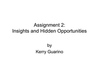 Assignment 2:
Insights and Hidden Opportunities

                by
          Kerry Guarino
 