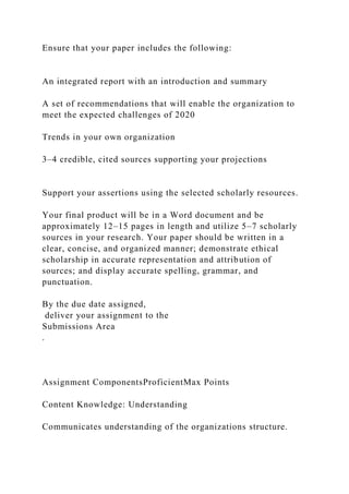 Ensure that your paper includes the following:
An integrated report with an introduction and summary
A set of recommendations that will enable the organization to
meet the expected challenges of 2020
Trends in your own organization
3–4 credible, cited sources supporting your projections
Support your assertions using the selected scholarly resources.
Your final product will be in a Word document and be
approximately 12–15 pages in length and utilize 5–7 scholarly
sources in your research. Your paper should be written in a
clear, concise, and organized manner; demonstrate ethical
scholarship in accurate representation and attribution of
sources; and display accurate spelling, grammar, and
punctuation.
By the due date assigned,
deliver your assignment to the
Submissions Area
.
Assignment ComponentsProficientMax Points
Content Knowledge: Understanding
Communicates understanding of the organizations structure.
 