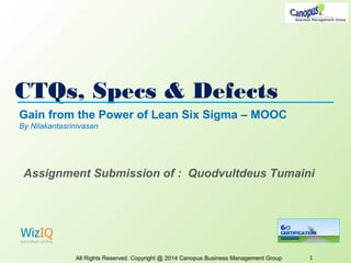 CTQs, Specs & Defects
All Rights Reserved. Copyright @ 2014 Canopus Business Management Group 1
Gain from the Power of Lean Six Sigma – MOOC
By Nilakantasrinivasan
Assignment Submission of : Quodvultdeus Tumaini
 