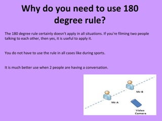 Why do you need to use 180
                degree rule?
The 180 degree rule certainly doesn't apply in all situations. If you're filming two people
talking to each other, then yes, it is useful to apply it.


You do not have to use the rule in all cases like during sports.


It is much better use when 2 people are having a conversation.
 