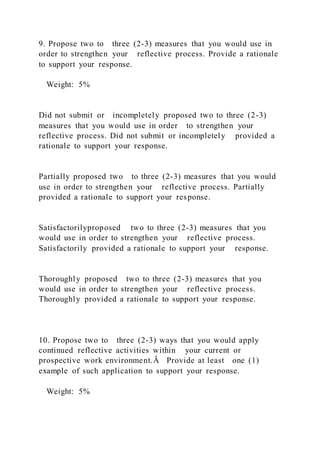 9. Propose two to three (2-3) measures that you would use in
order to strengthen your reflective process. Provide a rationale
to support your response.
Weight: 5%
Did not submit or incompletely proposed two to three (2-3)
measures that you would use in order to strengthen your
reflective process. Did not submit or incompletely provided a
rationale to support your response.
Partially proposed two to three (2-3) measures that you would
use in order to strengthen your reflective process. Partially
provided a rationale to support your response.
Satisfactorilyproposed two to three (2-3) measures that you
would use in order to strengthen your reflective process.
Satisfactorily provided a rationale to support your response.
Thoroughly proposed two to three (2-3) measures that you
would use in order to strengthen your reflective process.
Thoroughly provided a rationale to support your response.
10. Propose two to three (2-3) ways that you would apply
continued reflective activities within your current or
prospective work environment.Â Provide at least one (1)
example of such application to support your response.
Weight: 5%
 