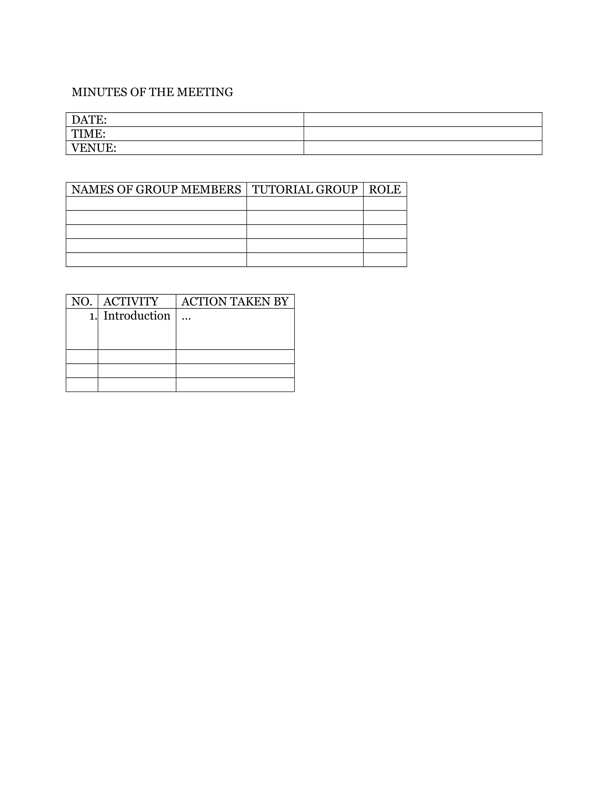 MINUTES OF THE MEETING
DATE:
TIME:
VENUE:
NAMES OF GROUP MEMBERS TUTORIAL GROUP ROLE
NO. ACTIVITY ACTION TAKEN BY
1. Introduction …
 