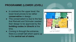 PROGRAMME (LOWER LEVEL)
● In contrast to the upper level, the
lower level proves to be rather
conservative in design.
● This conservatism is due to the fact
that Rietveld and Schroder needed
their design to be approved by the
building codes in Utrecht at the
time.
● Coming in through the entrance,
there is a small hall which opens up
to the central set of stairs.
 